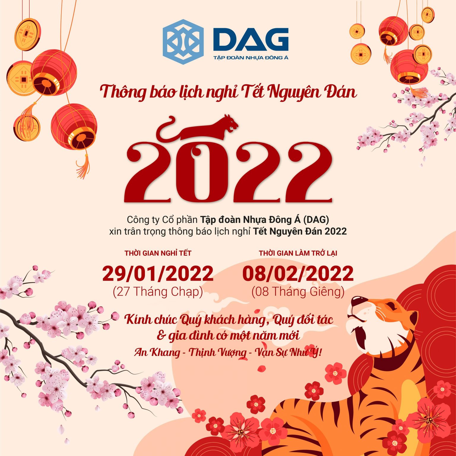 Tập đoàn Nhựa Đông Á Thông báo LỊCH NGHỈ TẾT NGUYÊN ĐÁN 2022