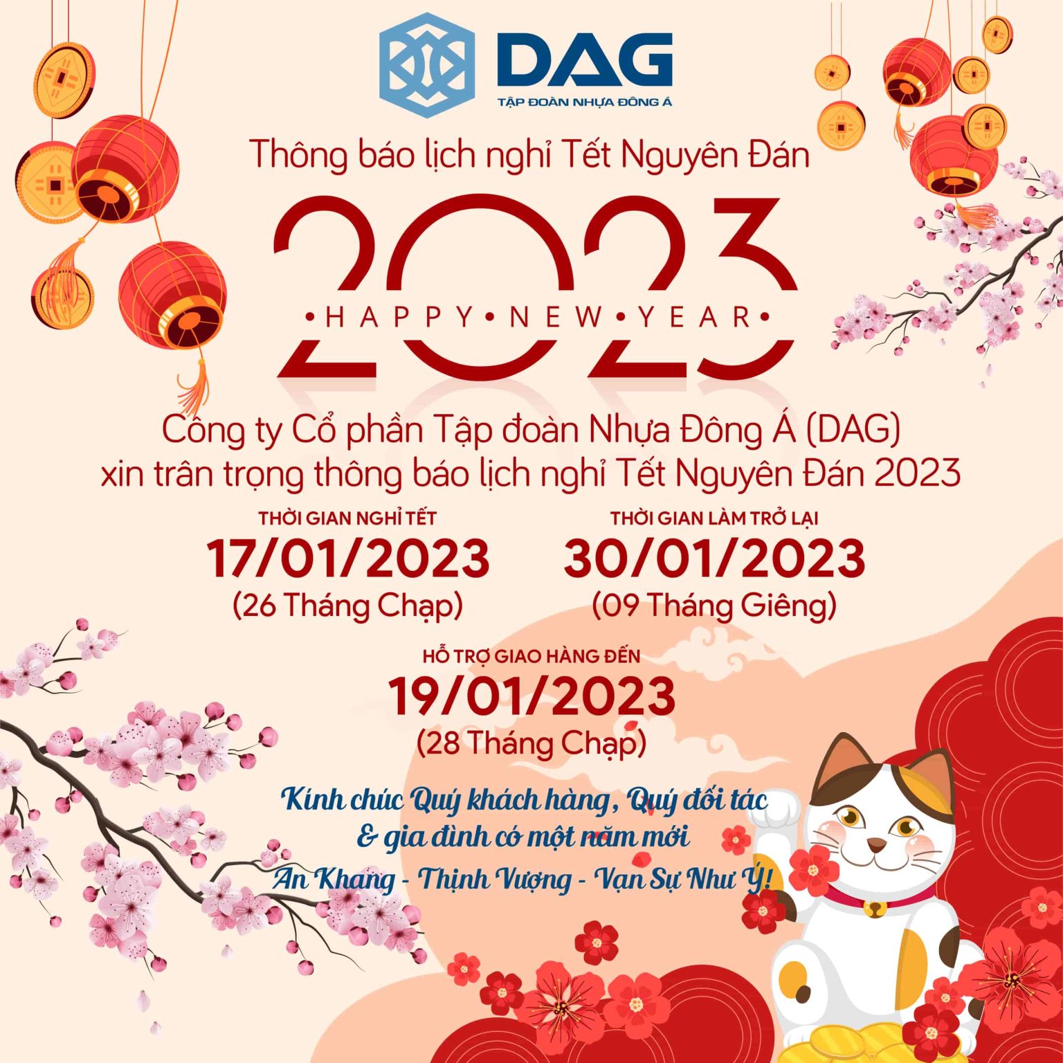 Tập Đoàn Nhựa Đông Á thông báo nghỉ Tết Nguyên Đán 2023